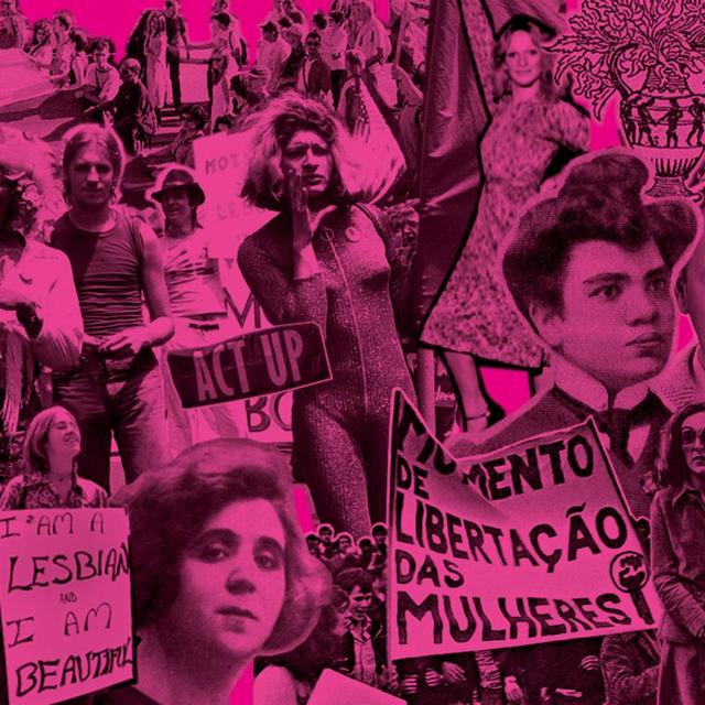 Imagem tipo cartaz, a duas cores, cor de rosa e preto, onde se pode ver muitas pessoas, sobrepostas umas ás outras, como se de colagens se tratasse. Pelo meio há frases chave como “Movimento de libertação das mulheres” ou “I am a lesbian and I am beautifull”